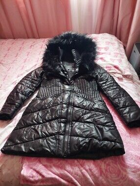 Black Quilted FAUX Leather & Faux-Fur Trim Women's Winter Coat Size L NOIZE